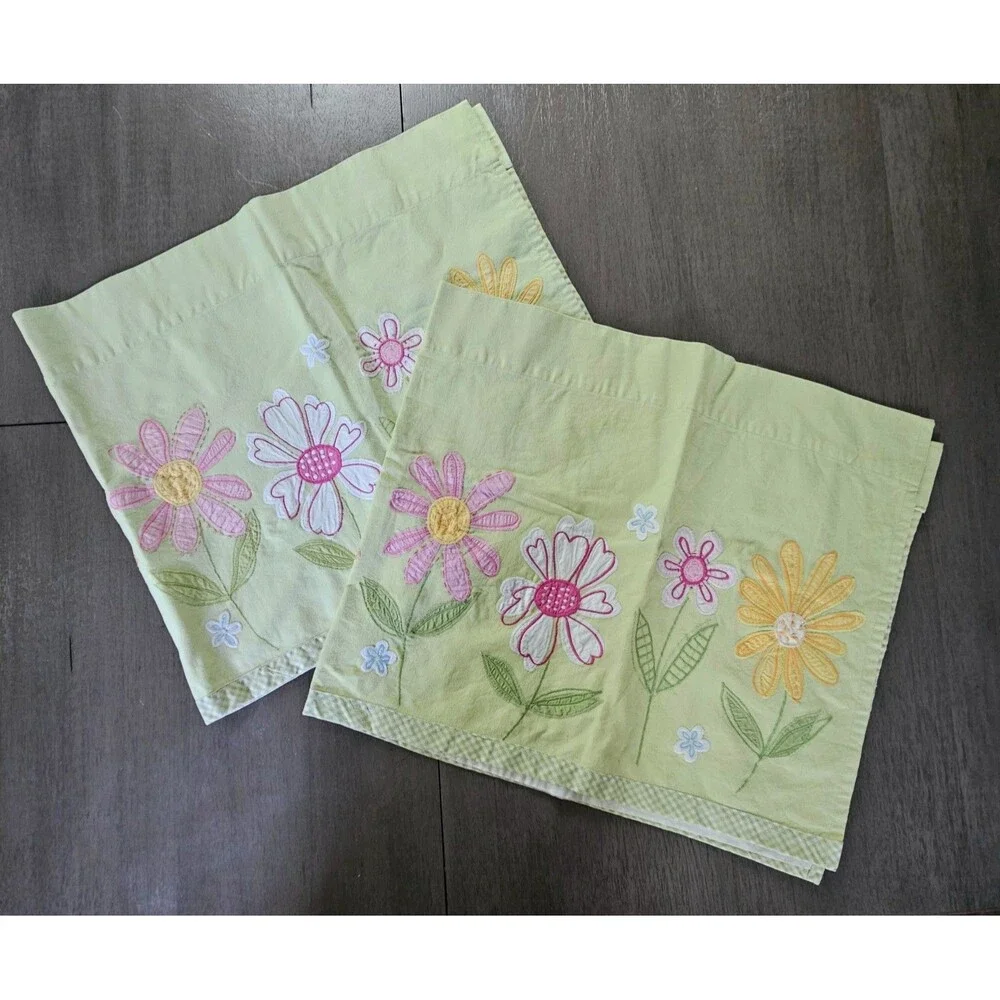 Pottery Barn Kids Set of 2 Lined Valance Curtains Green Daisy Garden 41” x 18